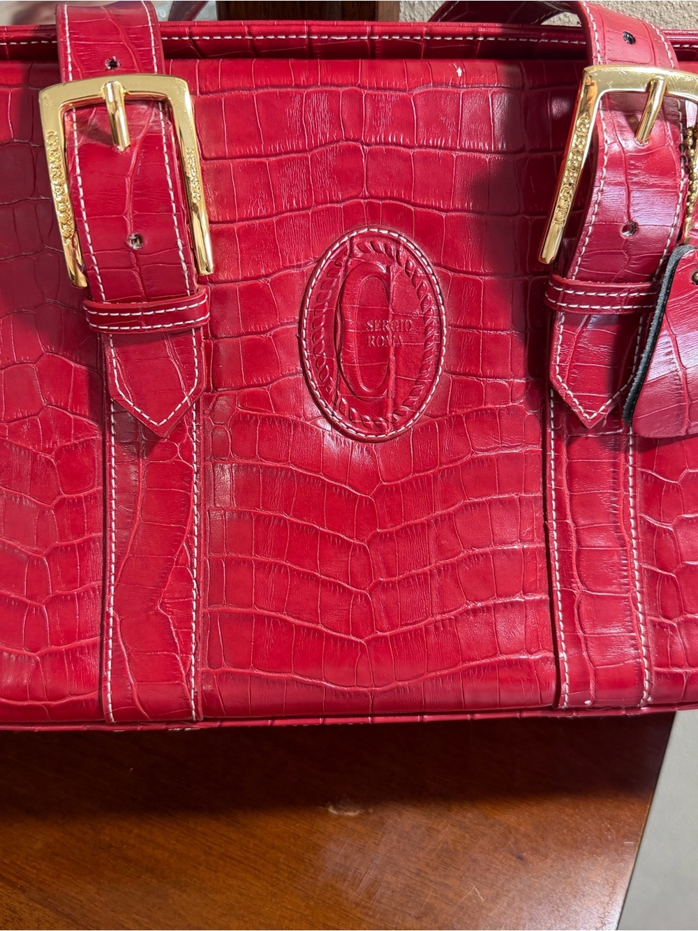 Sergio Cerruti Roma - Red Croc-Embossed Leather Shoulder Bag with Gold Buckles